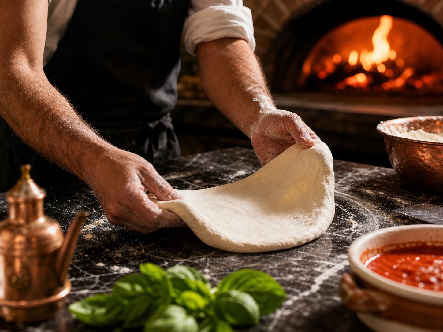 Pizzateig wird vor dem Steinofen von Hand geformt